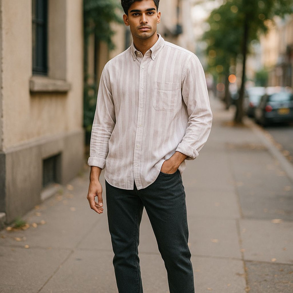British Khaki by Robert Lighton Tan Linen/Cotton Stripe Button Down Shirt XL - Picture 1 of 7